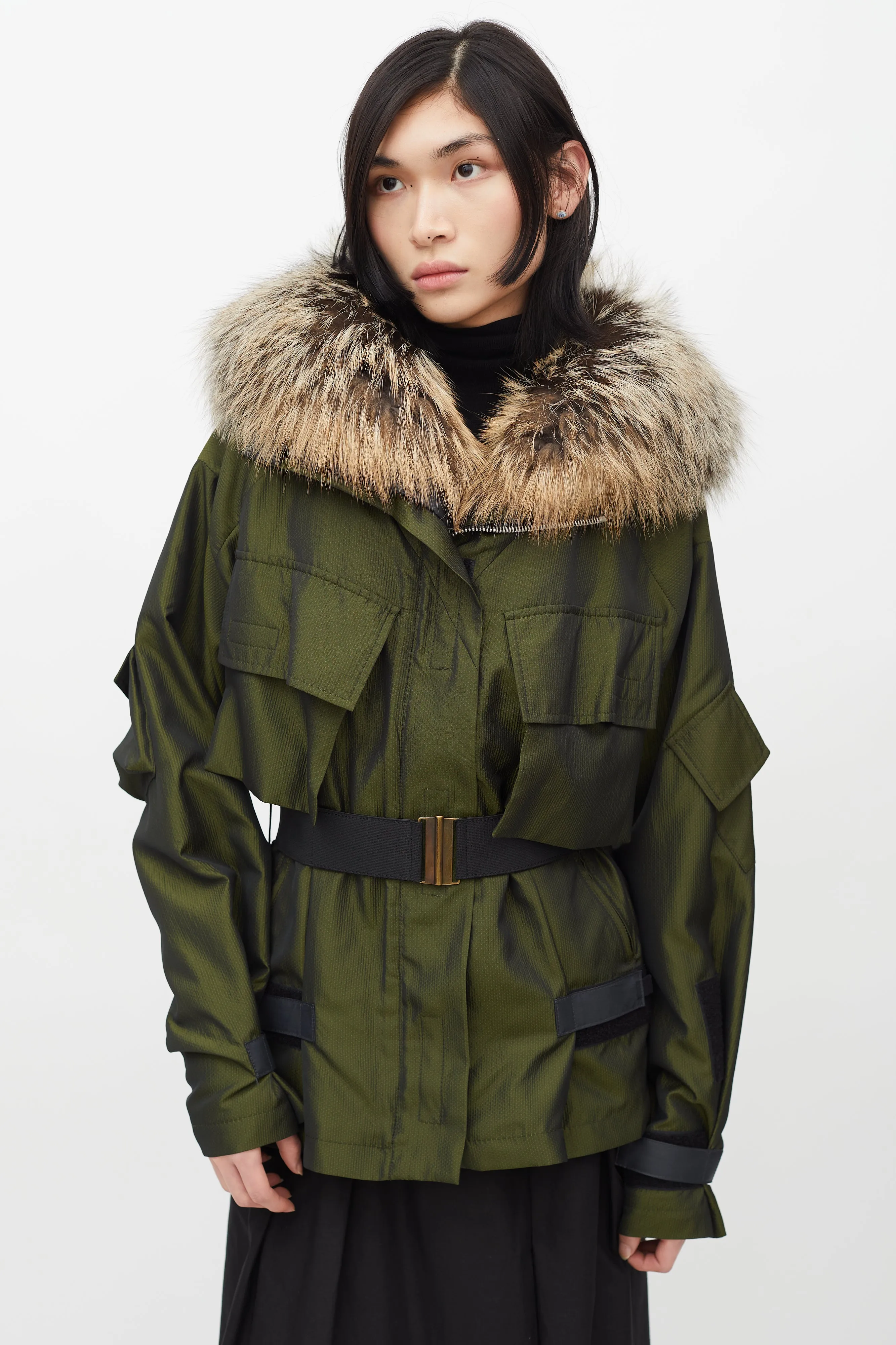 Green Metallic Fur Trim Belted Jacket