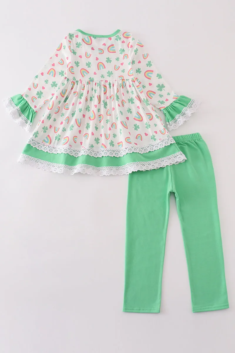 Green rainbow clover girl pants set