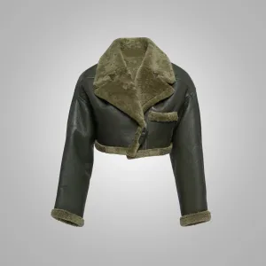 Green Women Aviator Flight Bomber Faux Fur Shearling Real Sheepskin Leather Jacket