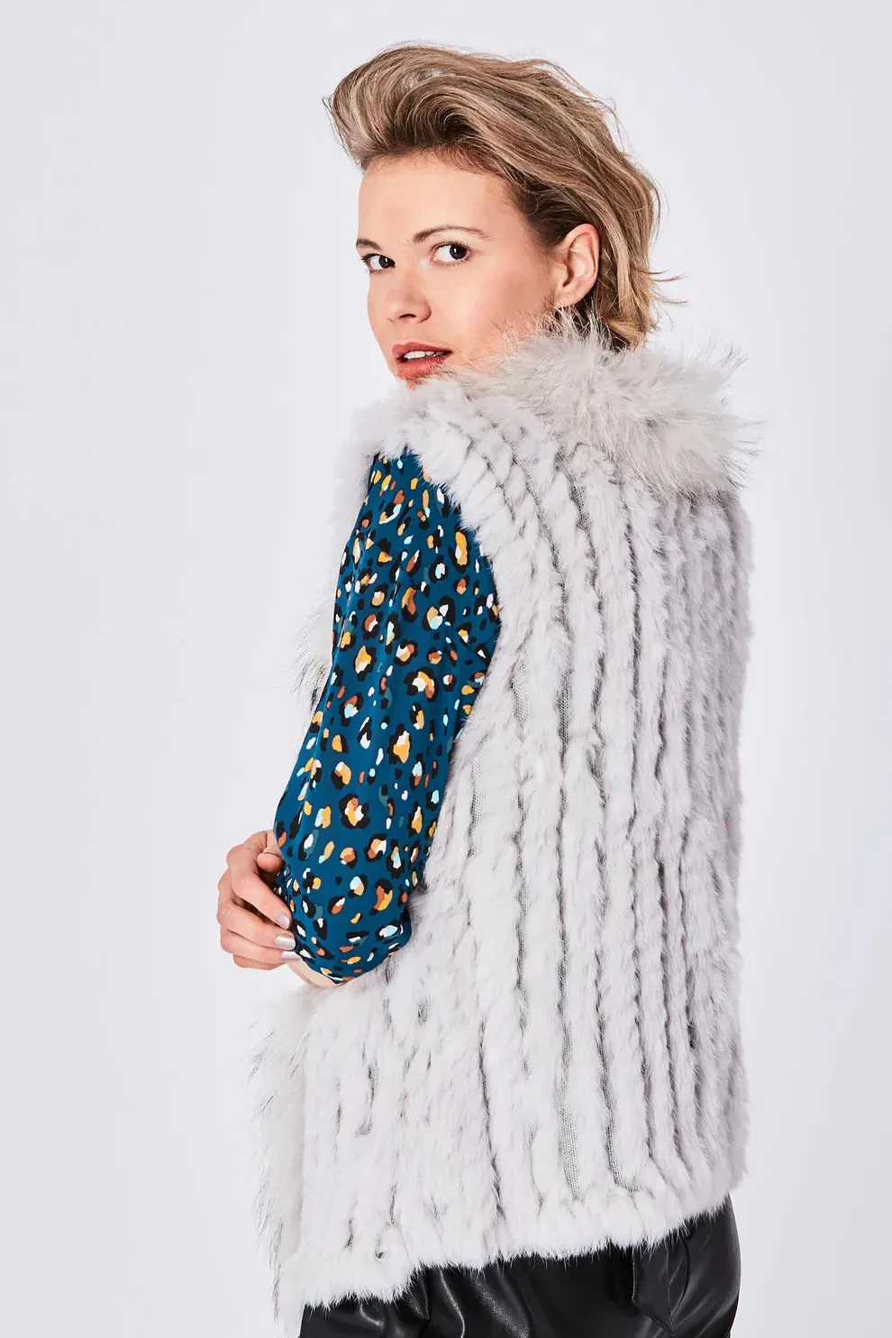 Grey Fox and Coney Fur Gilet With Collar Feature