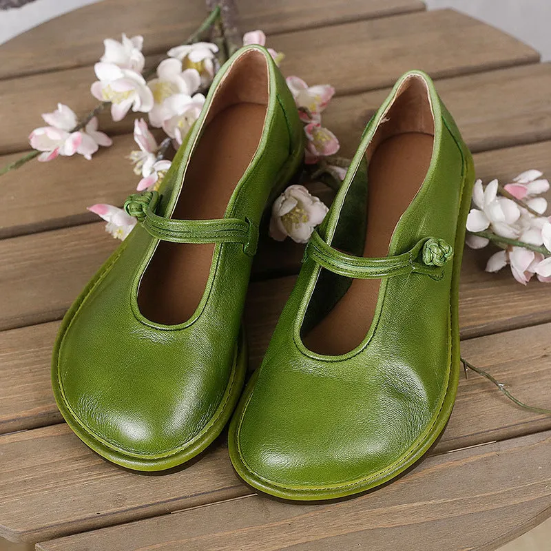 Handmade Leather Black/Brown/Green Mary Jane Flats For Women Retro Round Toe Original Design