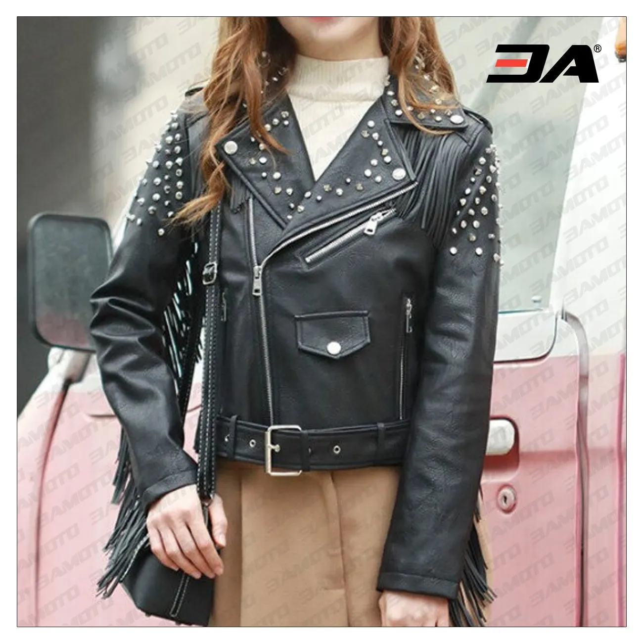 Handmade New Woman Full White Brando Punk Silver Metal Studded Design Leather Jacket, Western style fringes jacket women