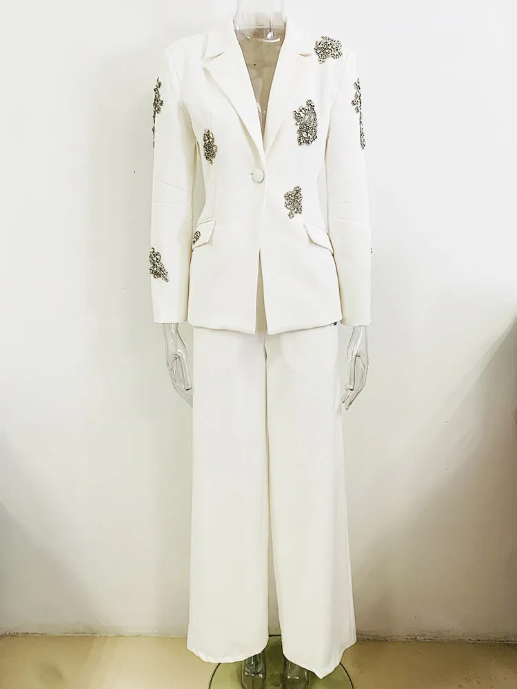 Heavy Industry Beads Diamond Embedded One Button Blazer Wide Leg Pants Suit Two Pieces