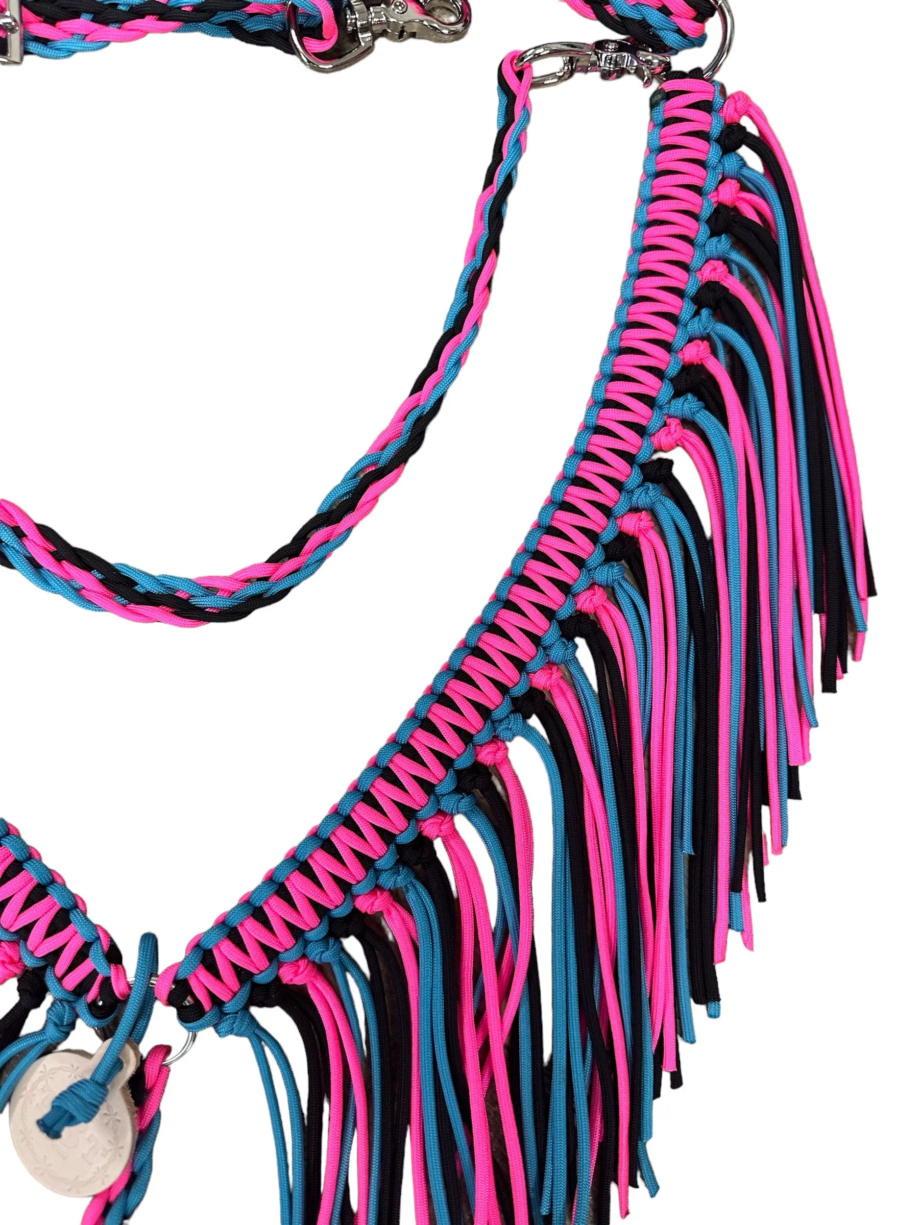 Hot pink, black, and turquoise fringe breast collar with a wither strap