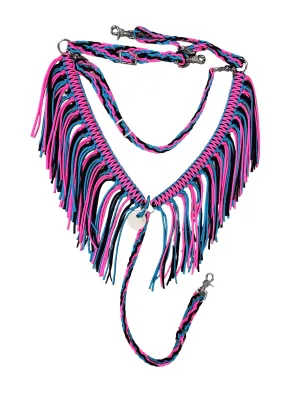 Hot pink, black, and turquoise fringe breast collar with a wither strap