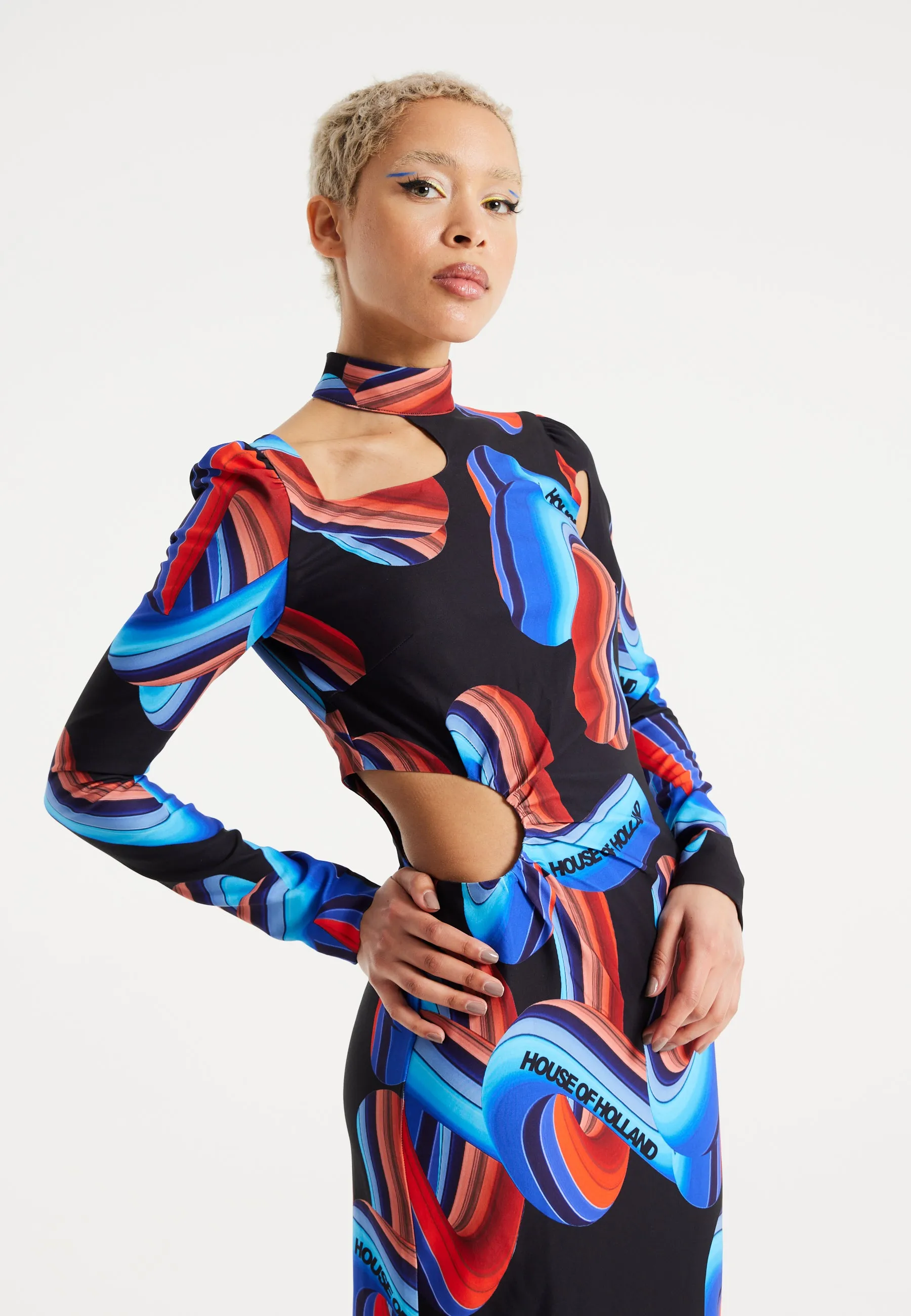 House Of Holland Abstract Print Midi Dress With Front Cut Out Detail