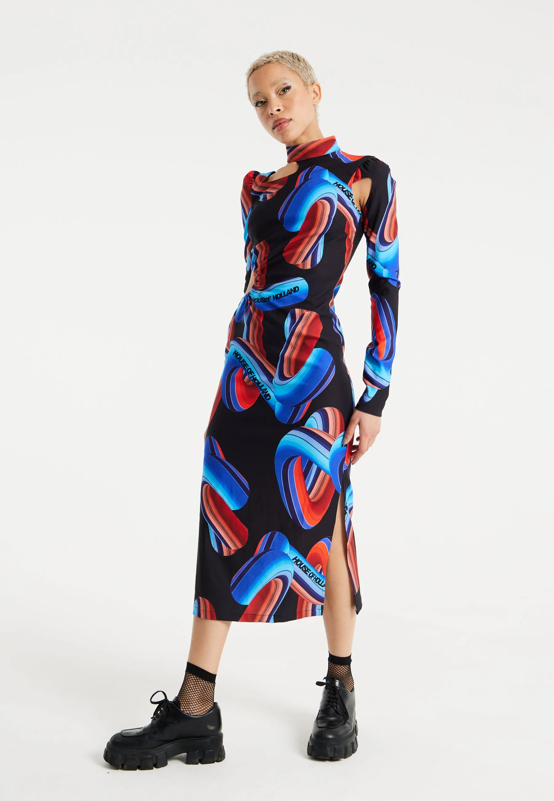 House Of Holland Abstract Print Midi Dress With Front Cut Out Detail