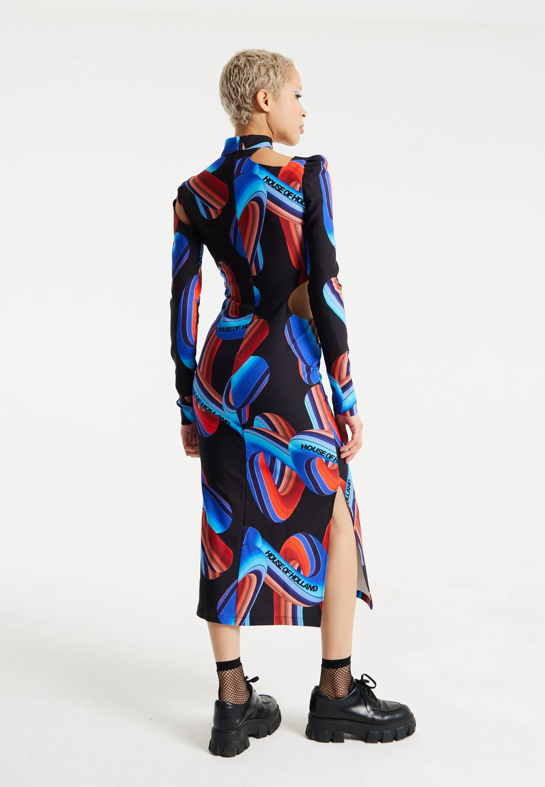 House Of Holland Abstract Print Midi Dress With Front Cut Out Detail