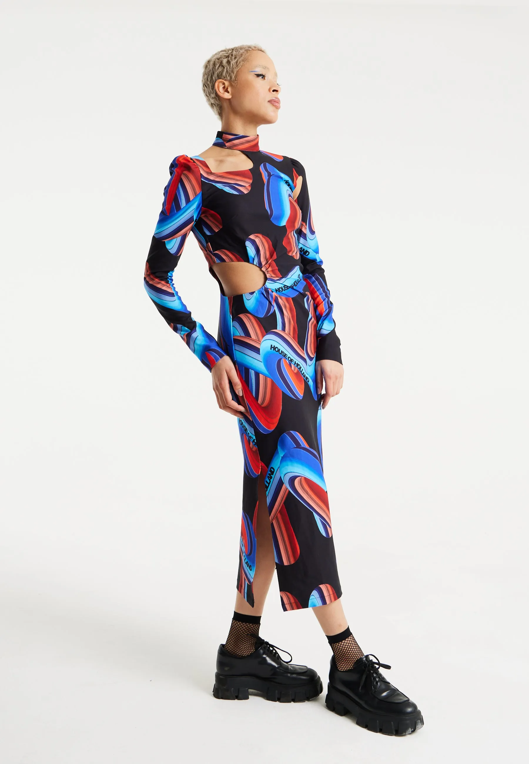 House Of Holland Abstract Print Midi Dress With Front Cut Out Detail