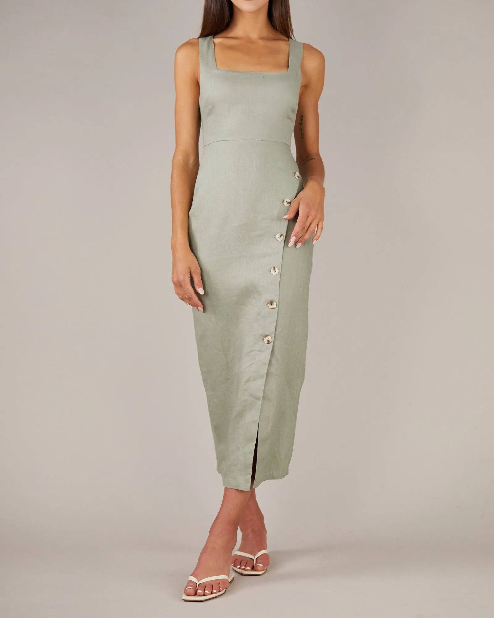 Imari Linen Midi Dress - Sage