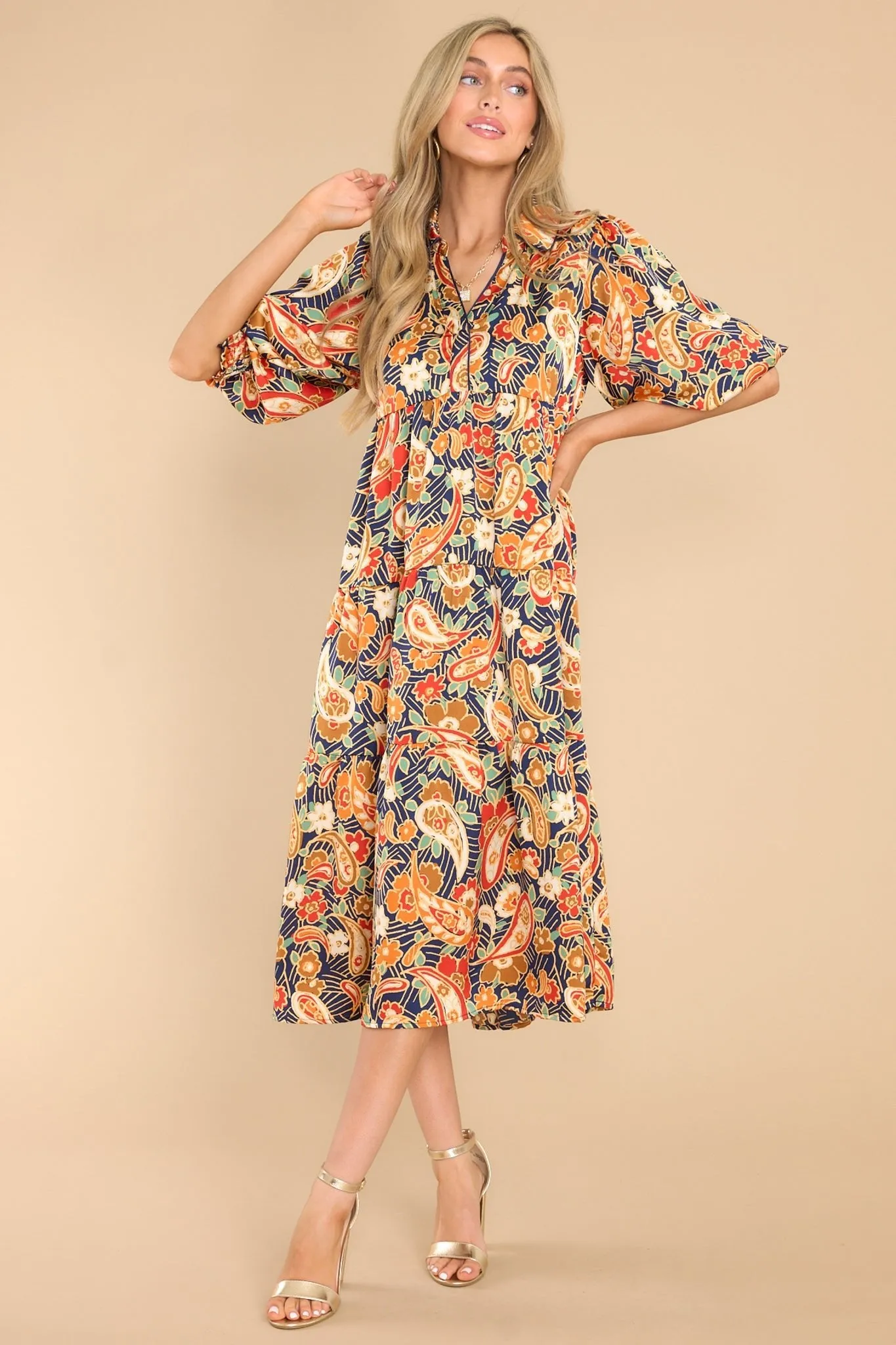 In Awe Navy Multi Print Midi Dress