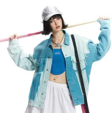 Irregular Color Contrast Patchwork Denim Jacket - Trendy Casual Outerwear