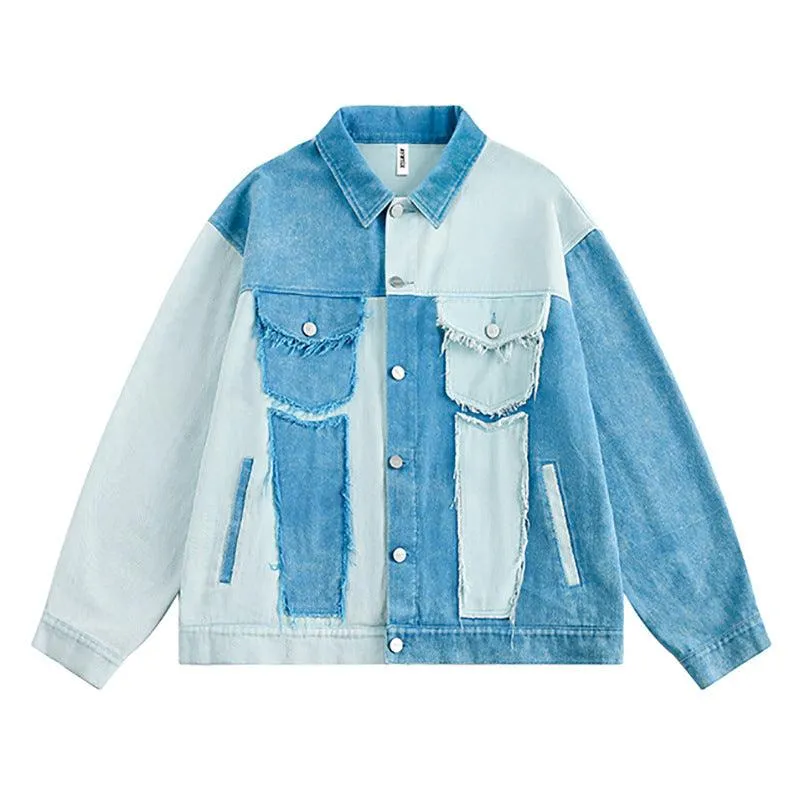 Irregular Color Contrast Patchwork Denim Jacket - Trendy Casual Outerwear