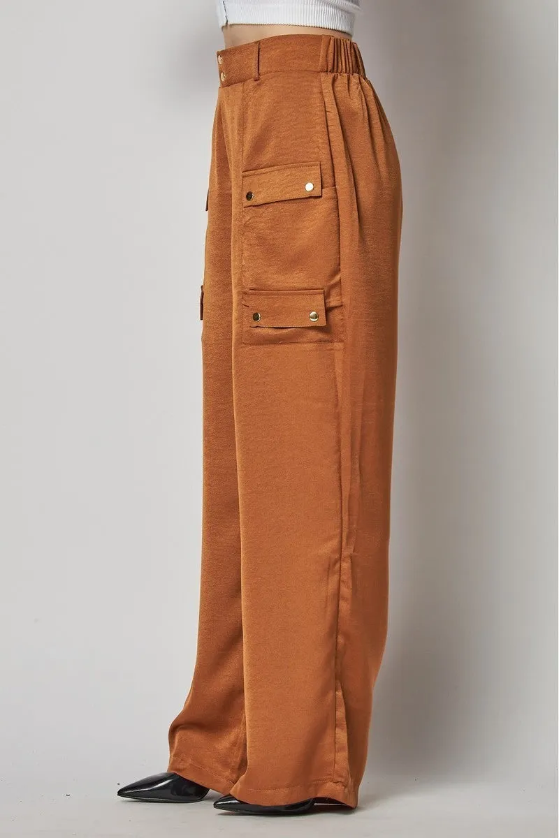 Jazzy Satin Mocha Cargo Pocket Wide Leg Pants