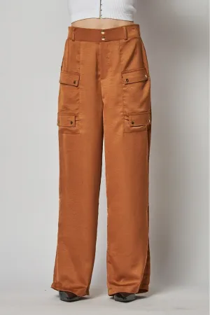 Jazzy Satin Mocha Cargo Pocket Wide Leg Pants