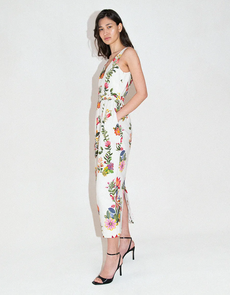 Jules Floral Jacquard Midi Dress - Sierra White