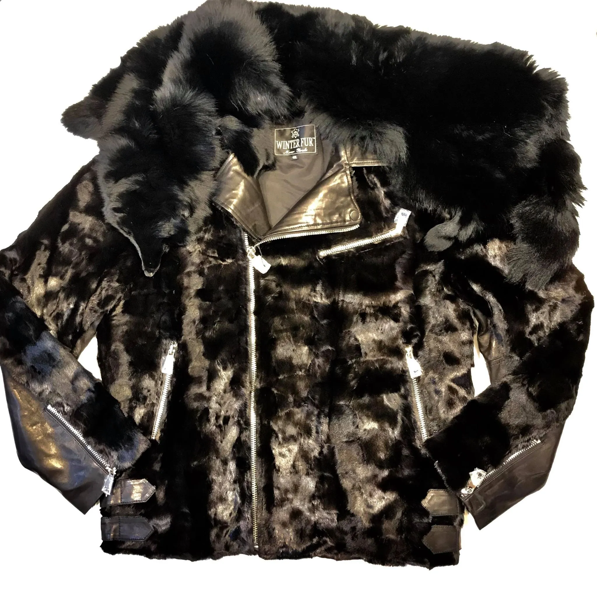 Kashani Mink Black Detachable Fox Collar Bomber Jacket