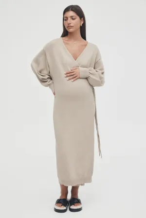 Knit Cotton Wrap Dress (Wheat)