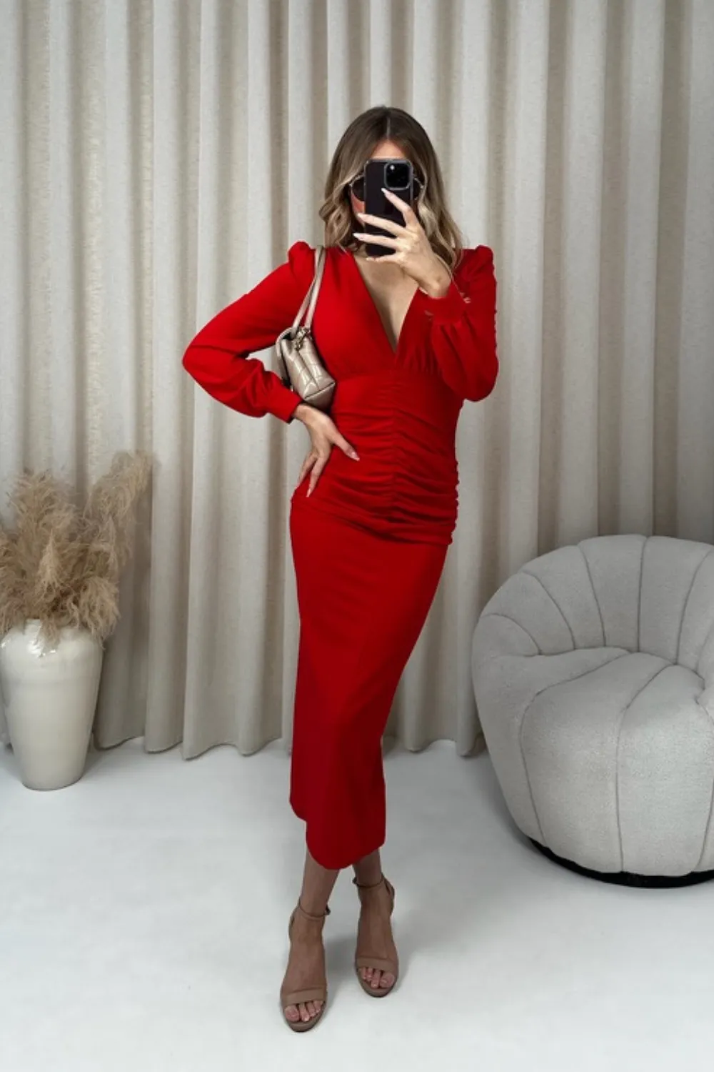 Layla red plunge neck midi dress