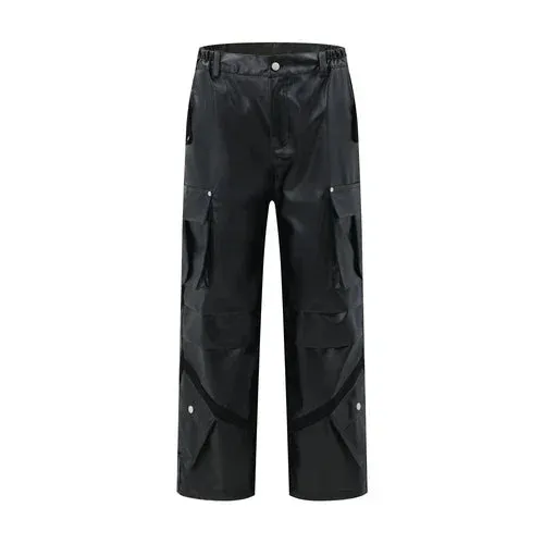 Leather Pants Men Loose Tactical Multi Pocket Workwear Pants