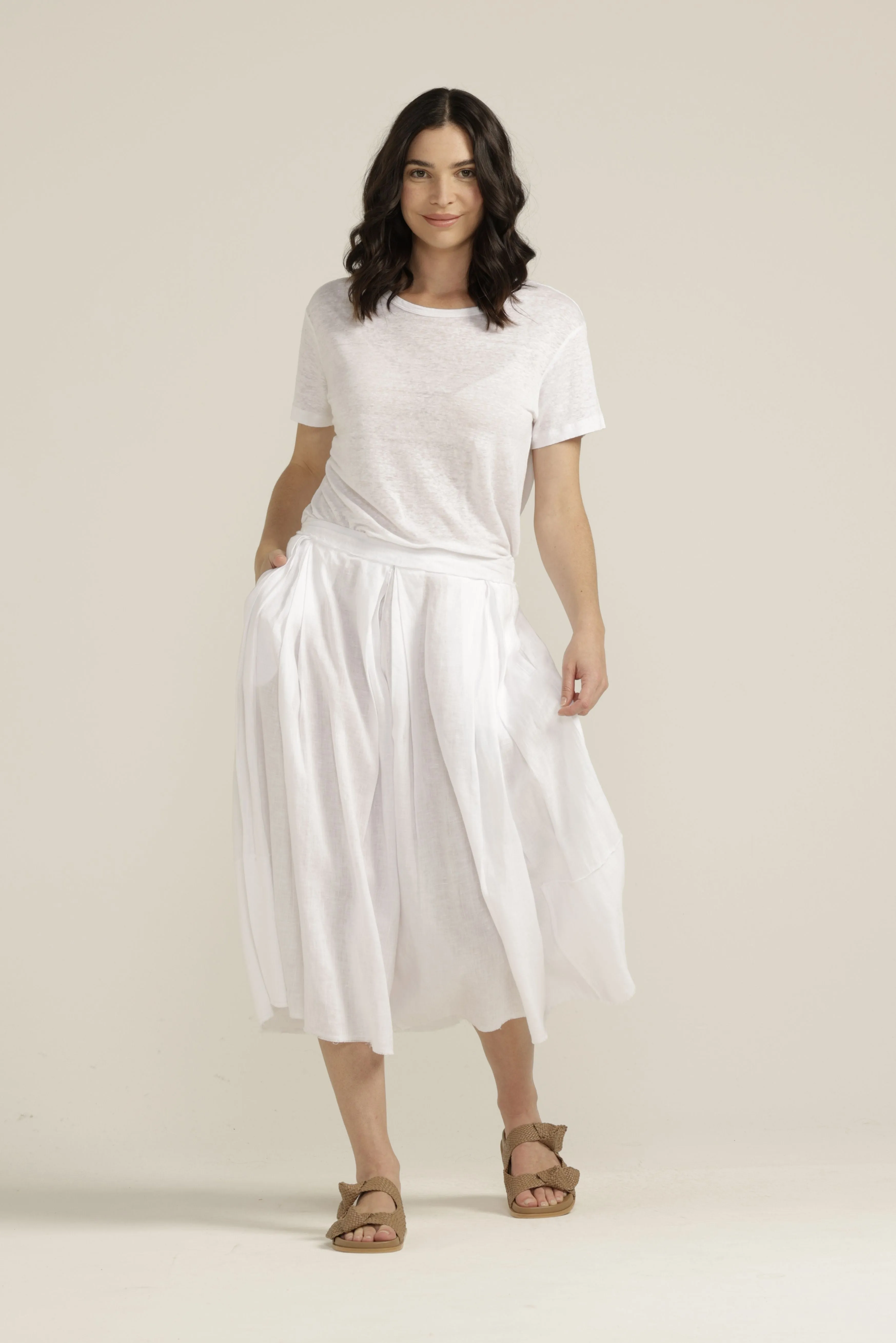 Linen Pleated Full Skirt White