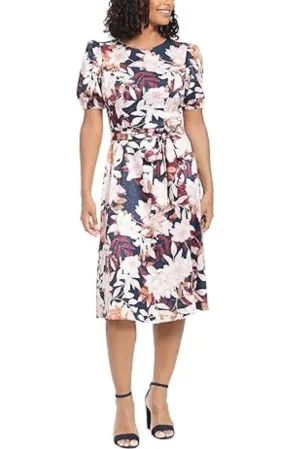 London Times Puff Sleeve Satin Midi Tie Waist Dress