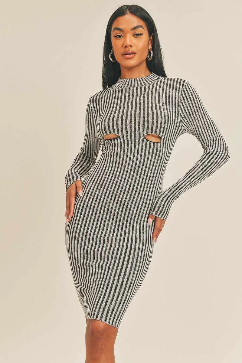 Long Sleeve Stripe Print Midi Dress