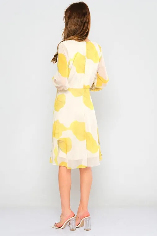 Long sleeve V-neck Floral Georgette Chiffon Casual dress - Yellow