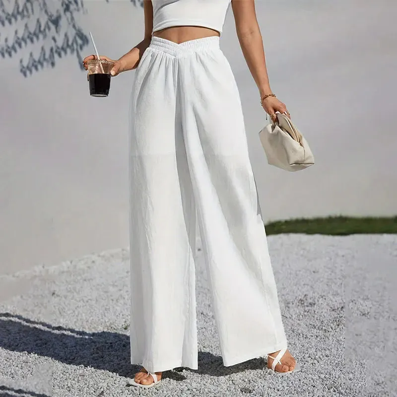 LVSANW Casual High Waist Loose Wide Leg Pant for Women Office Crisscross Sheer Female Floor-Length White Suits Pants Ladies Long Trouse