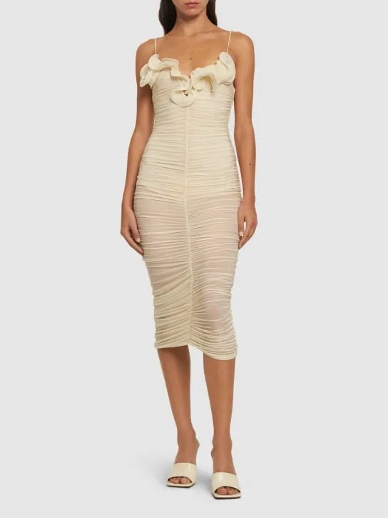 Magda Butrym   Draped viscose jersey midi dress w/roses 