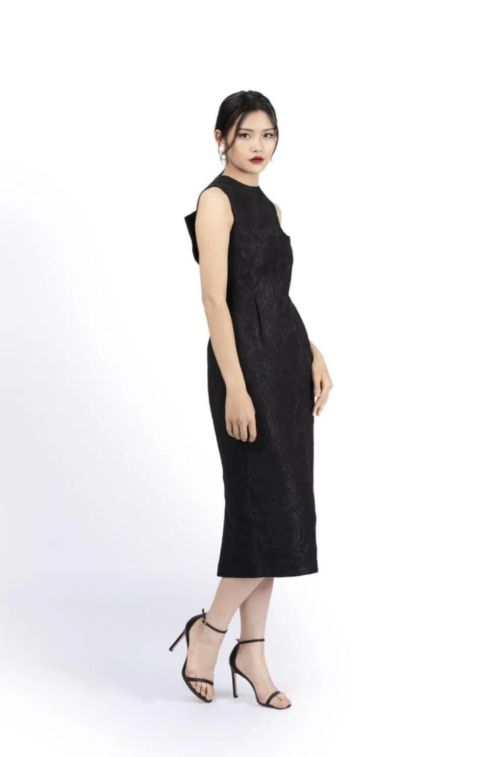 Margarette Pegged Round Neck Taffeta Midi Dress