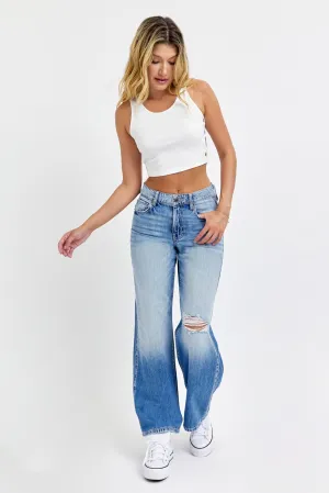 Medium Light Wash Destroyed Wide Leg Jeans