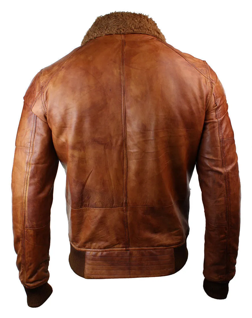 Mens B3 Bomber Rust Tan Brown Fur Collar Aviator Pilot Leather Jacket