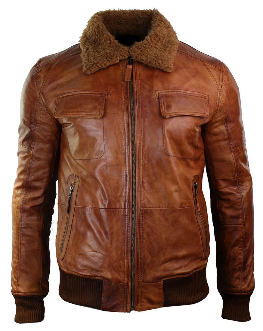 Mens B3 Bomber Rust Tan Brown Fur Collar Aviator Pilot Leather Jacket