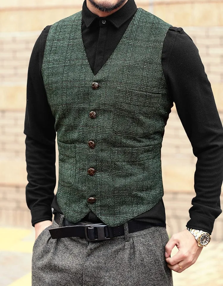 Men's Causual Plaid Tweed V Neck Waistcoat