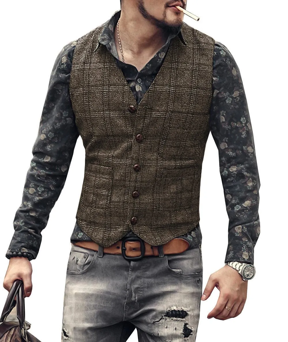 Men's Causual Plaid Tweed V Neck Waistcoat