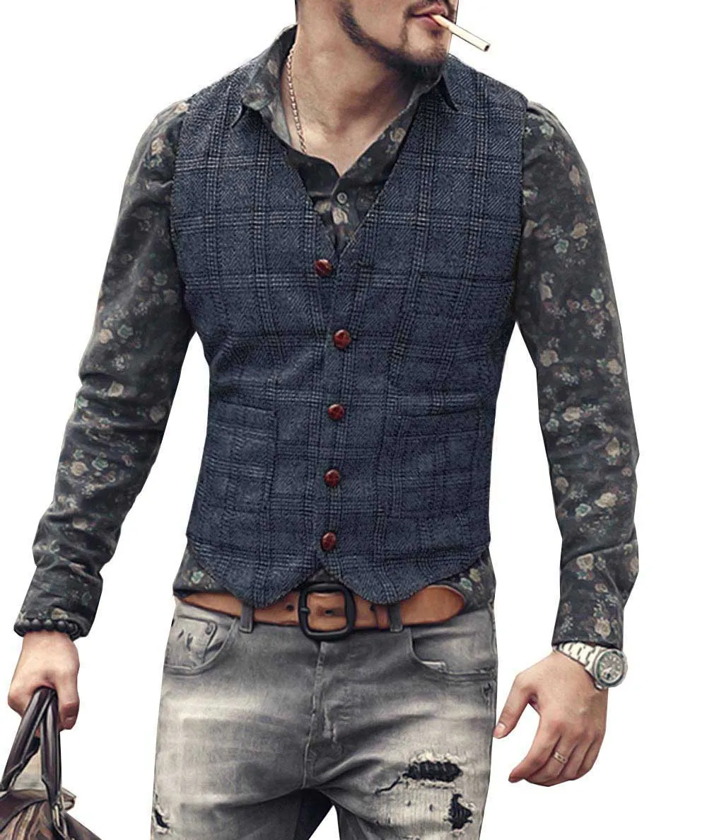 Men's Causual Plaid Tweed V Neck Waistcoat