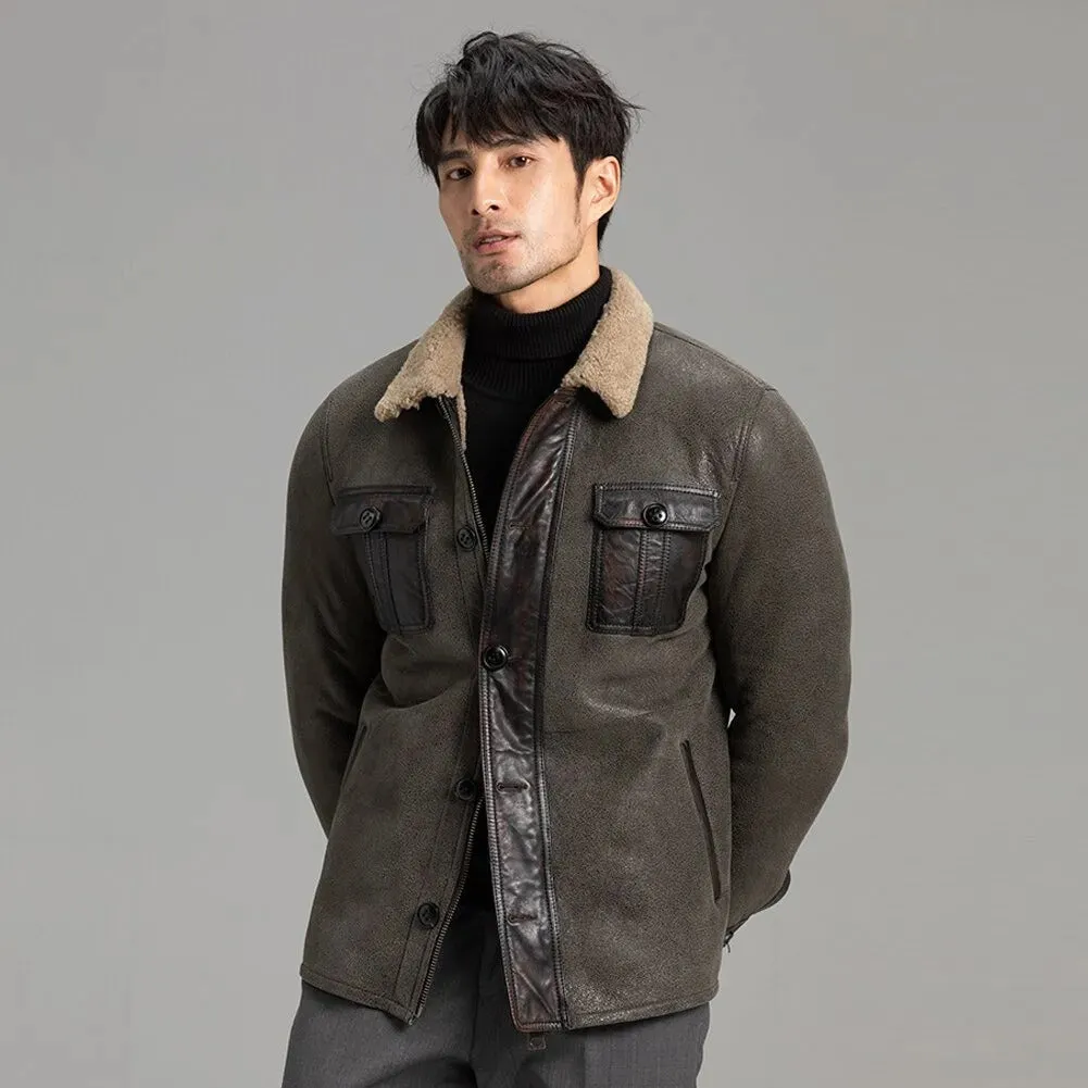 Men's Grey Shearling Jacket - Warm Winter Sheepskin Coat