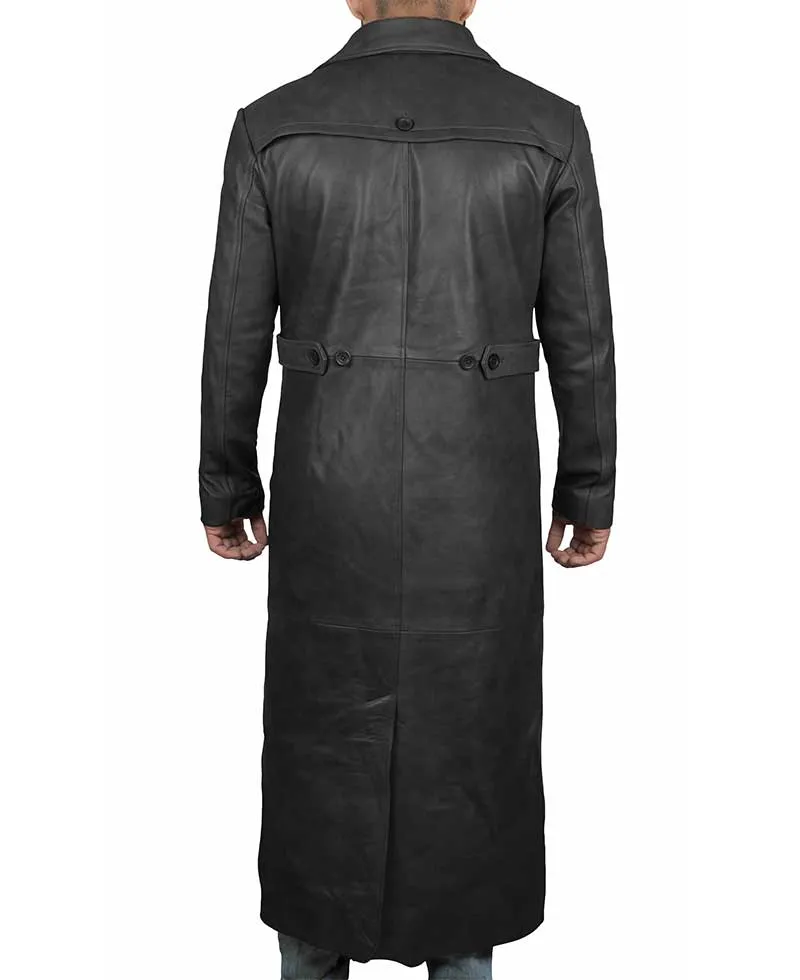 Mens Leather Black Winter Trench Coat - Full Length Overcoat