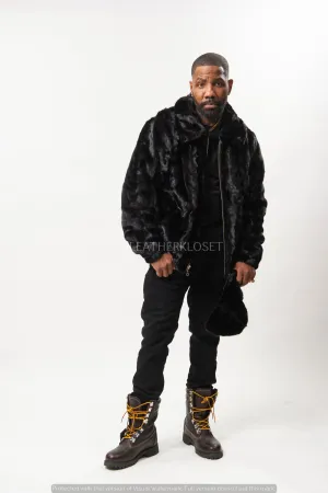 Men's Mink Bomber Jacket With Matching Mink Cap [Black]