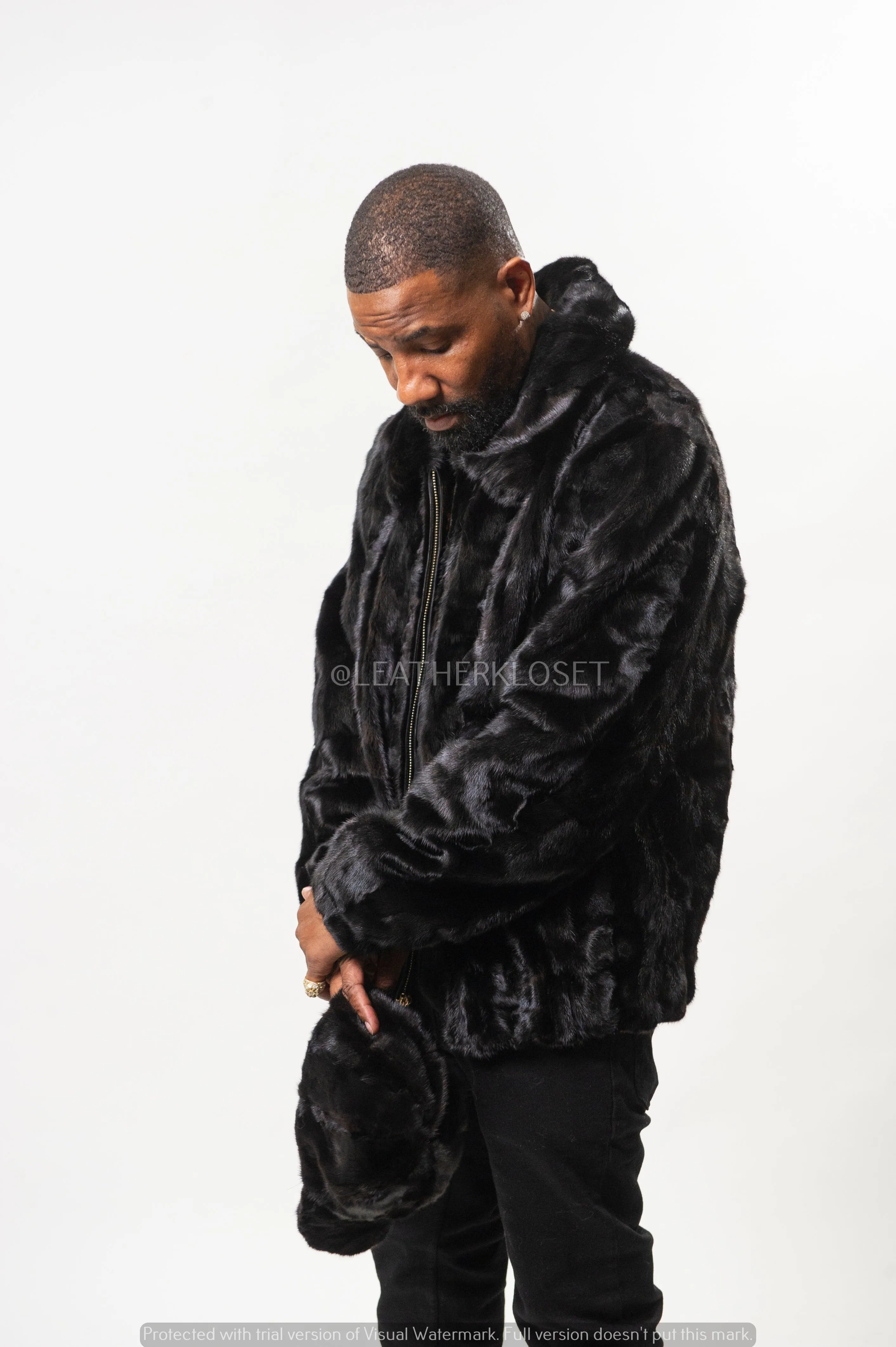 Men's Mink Bomber Jacket With Matching Mink Cap [Black]