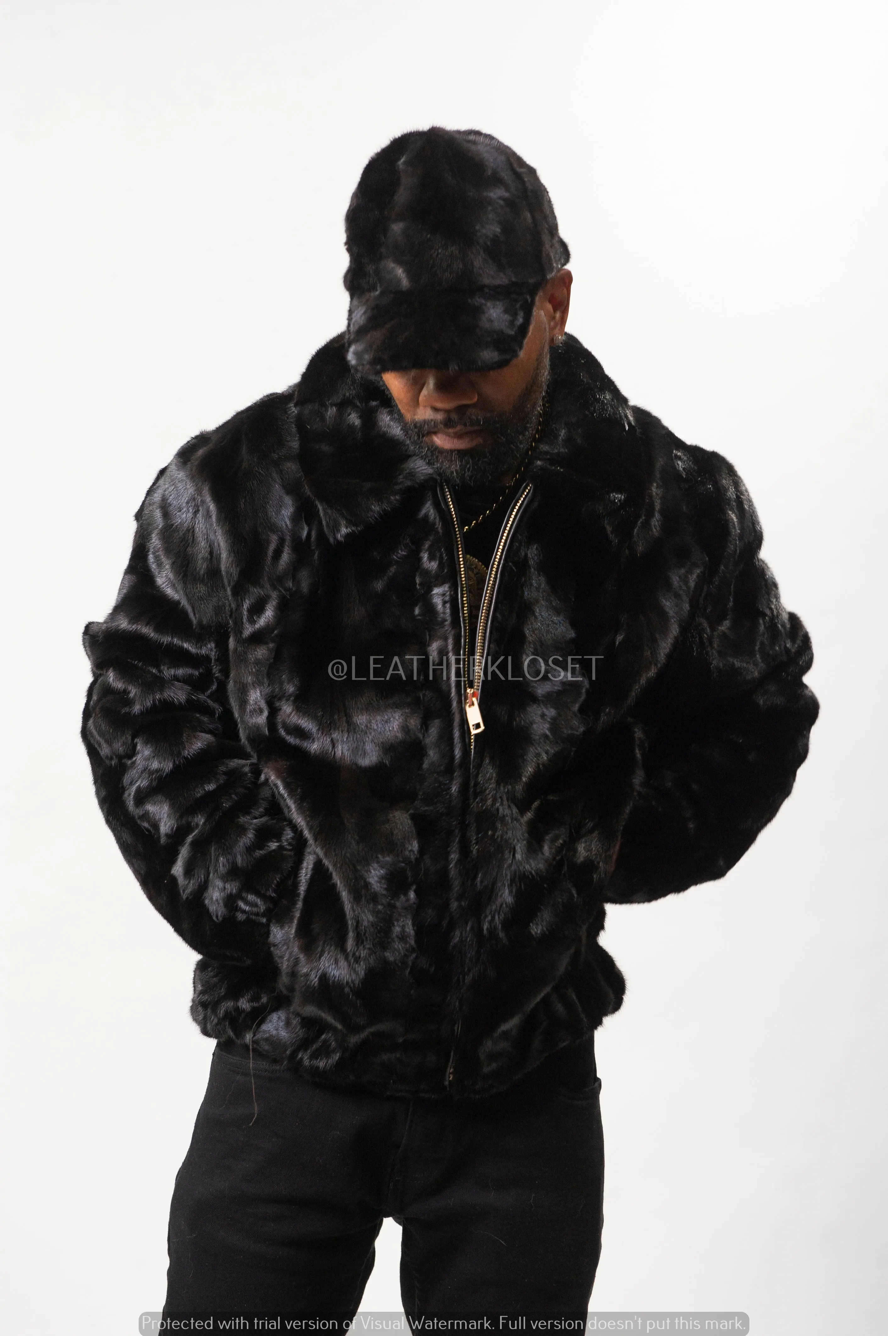 Men's Mink Bomber Jacket With Matching Mink Cap [Black]