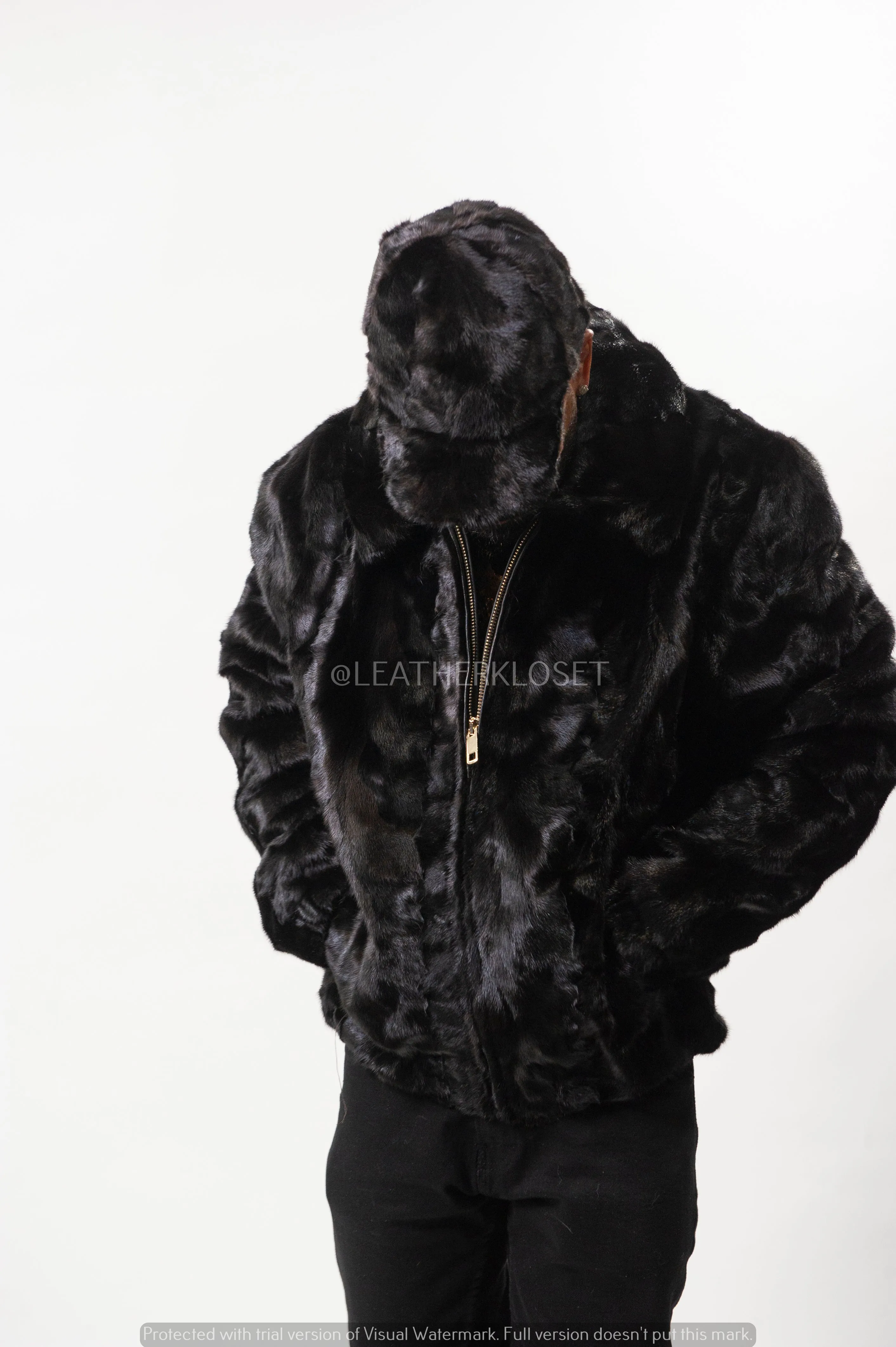 Men's Mink Bomber Jacket With Matching Mink Cap [Black]