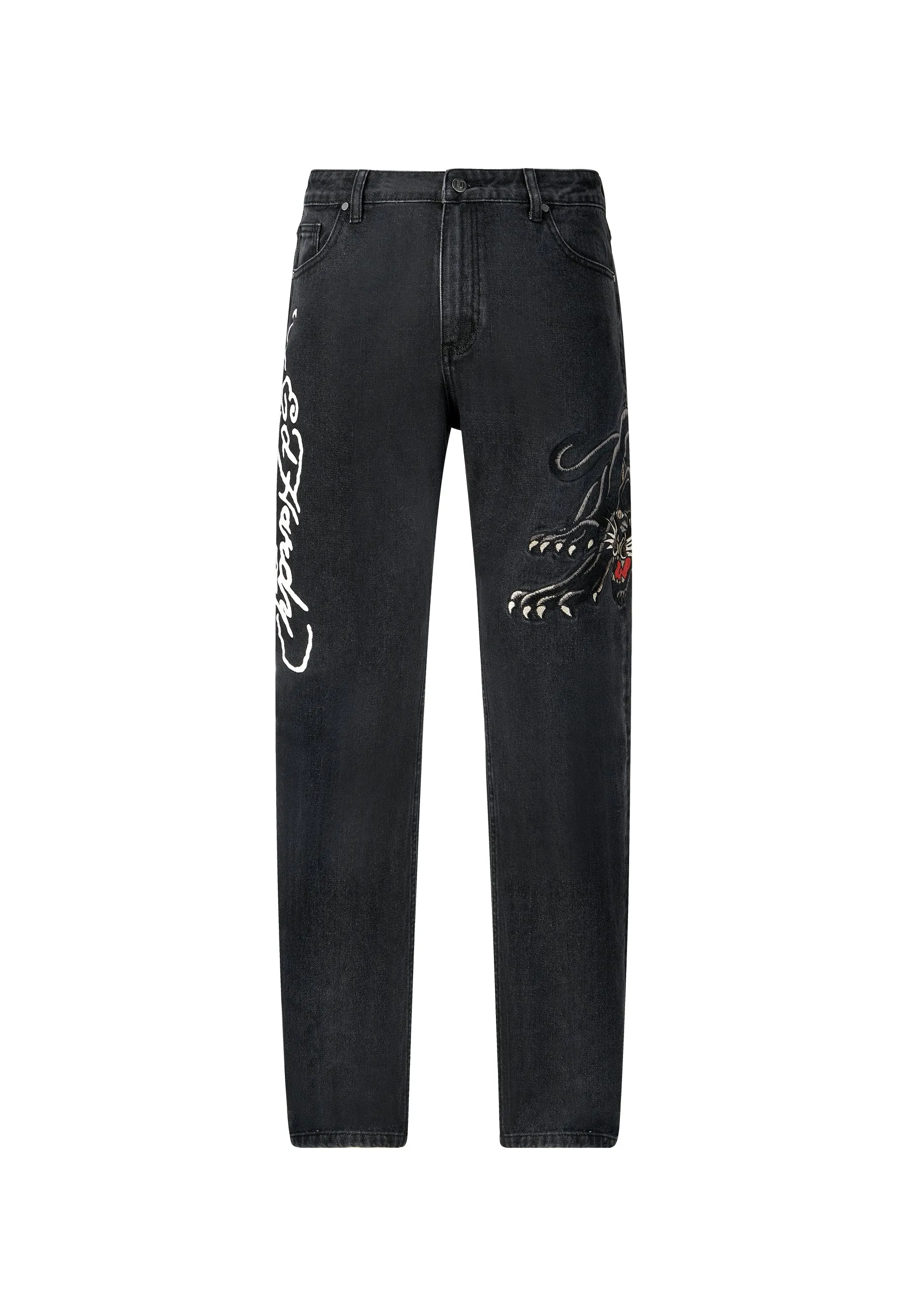 Mens Panther-Crouch-Leap Tattoo Graphic Relaxed Denim Trousers Jeans - Black