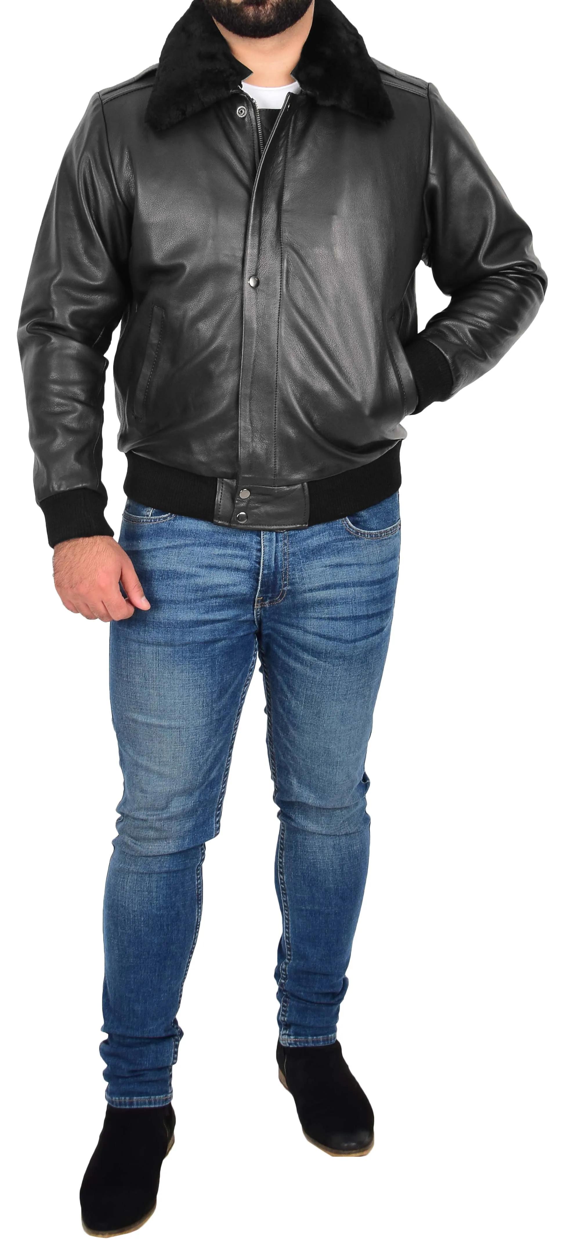 Mens Real Cowhide Pilot Leather Jacket Heavy Duty Air Force Harrington Bomber Gripen Black