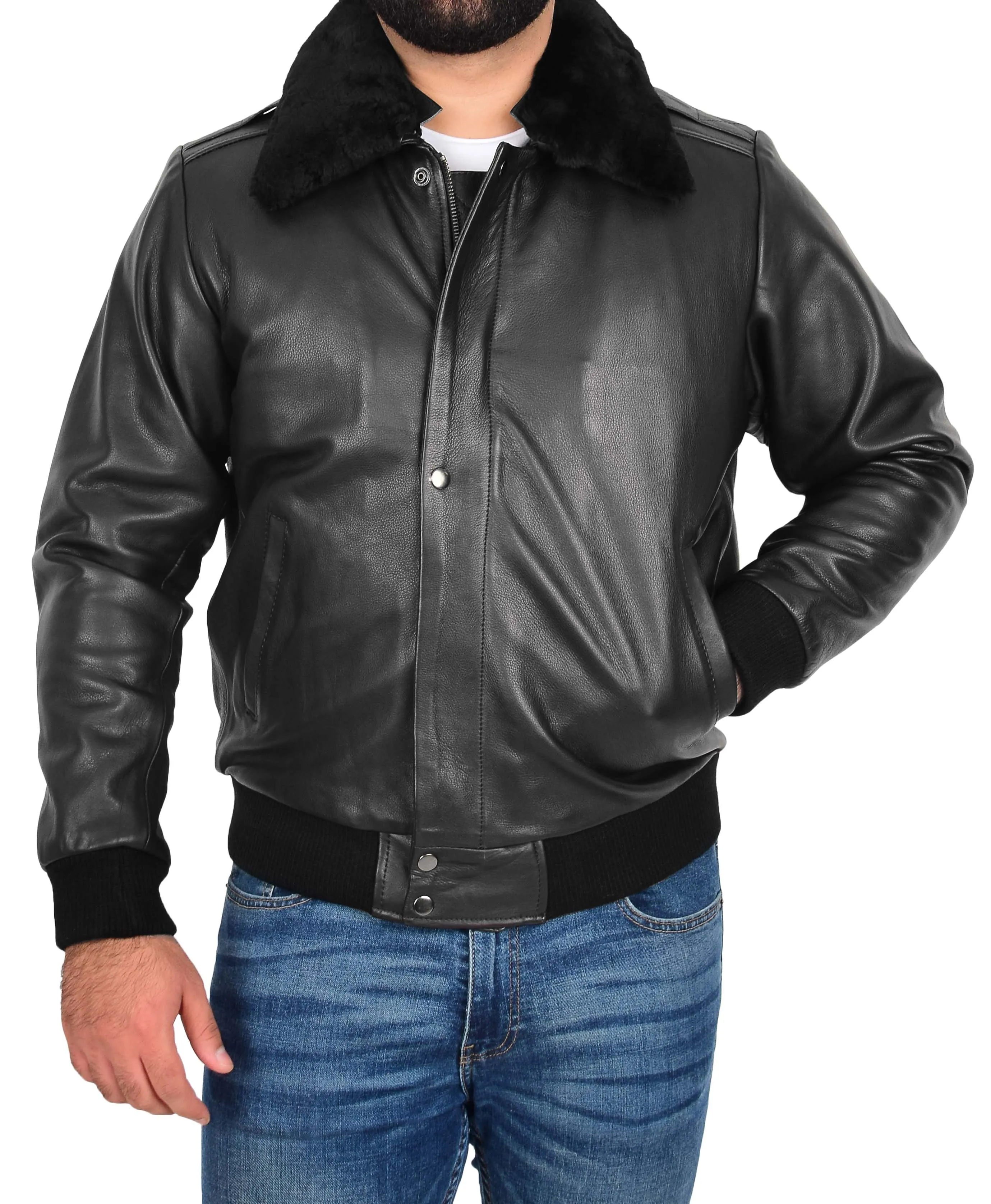 Mens Real Cowhide Pilot Leather Jacket Heavy Duty Air Force Harrington Bomber Gripen Black