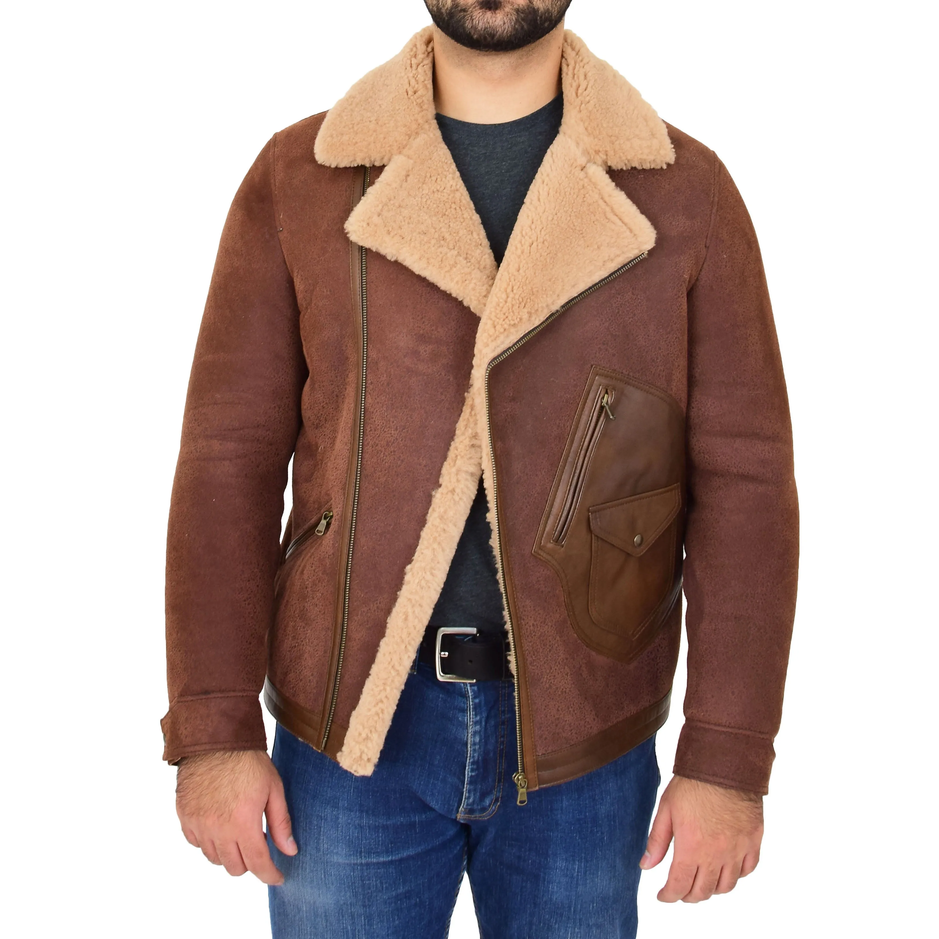 Mens Real Sheepskin Flying Jacket Antique B3 Shearling Rocky Brown