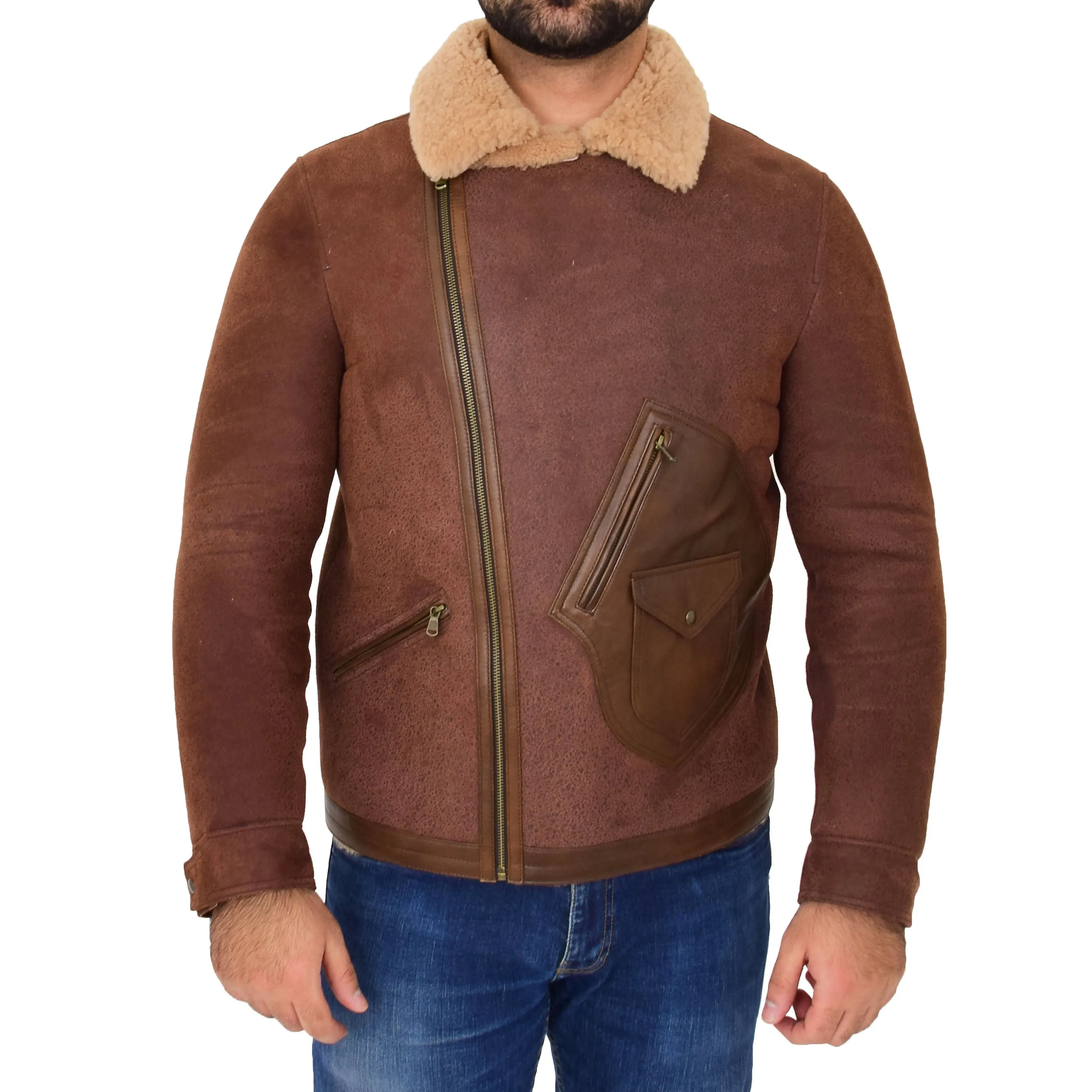 Mens Real Sheepskin Flying Jacket Antique B3 Shearling Rocky Brown