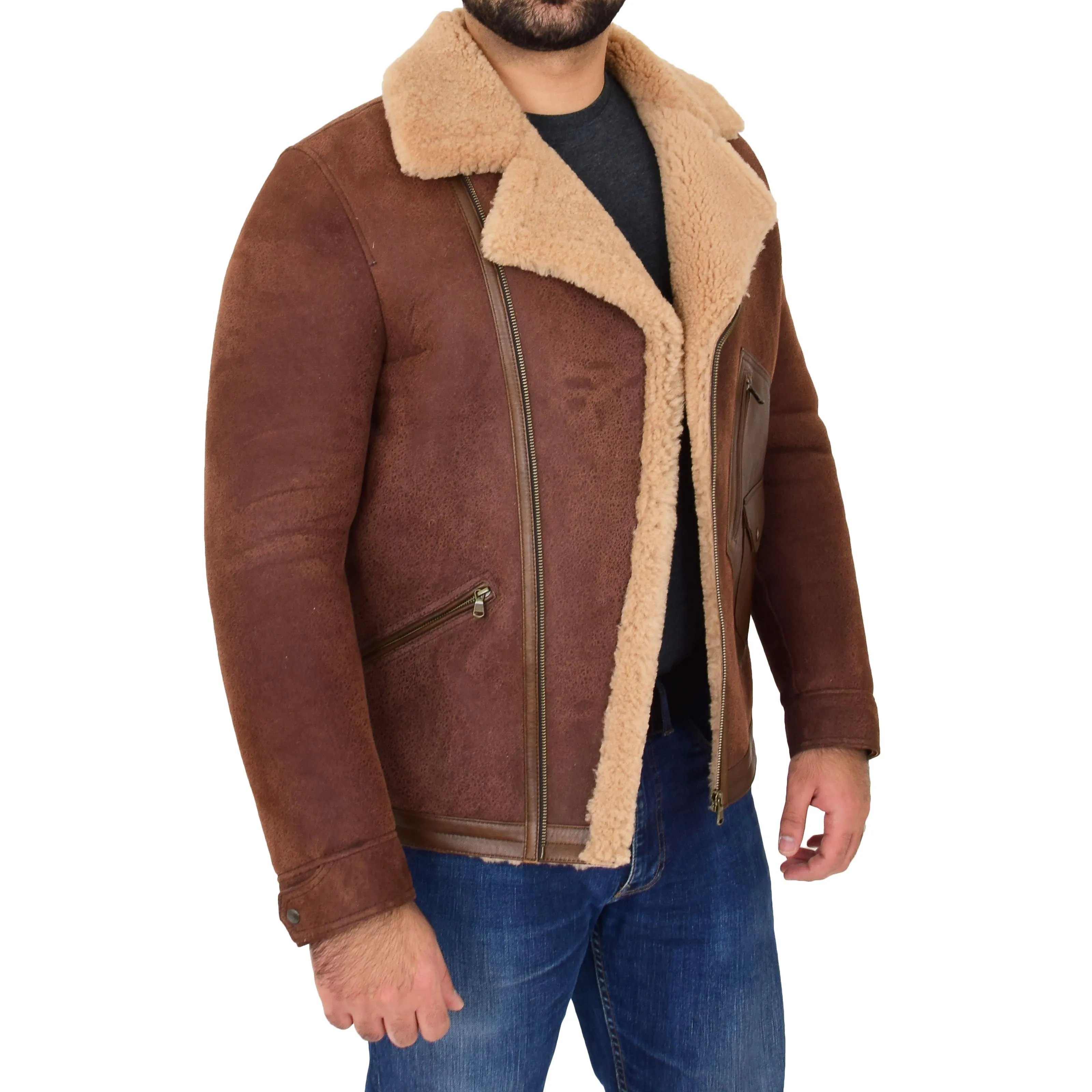 Mens Real Sheepskin Flying Jacket Antique B3 Shearling Rocky Brown