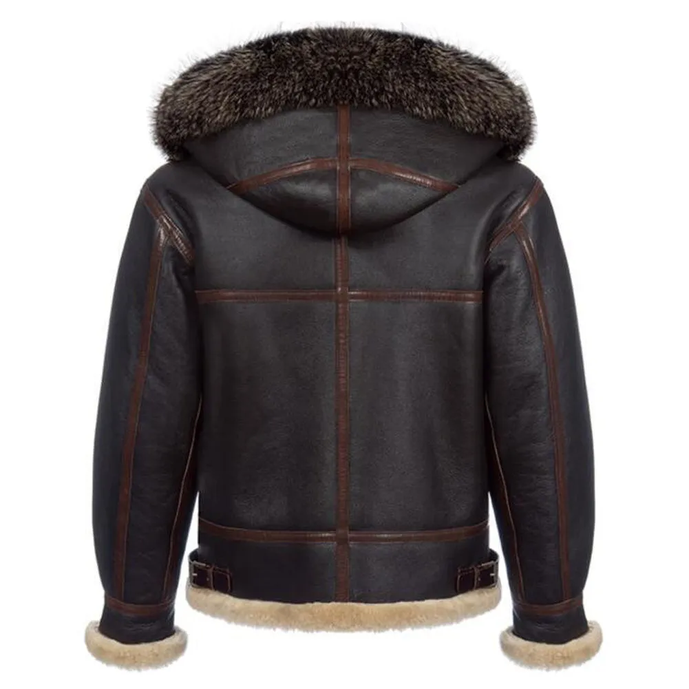 Men's Shearling Jacket Hooded Sheepskin Coat B3 Pilot Jacket